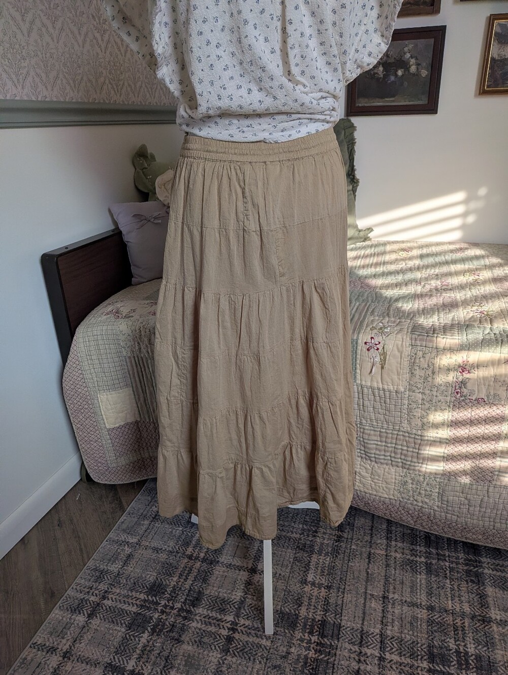 Jane Ashley Tiered Midi Skirt Tan Cotton Boho Cottagecore M - Picture 4 of 8